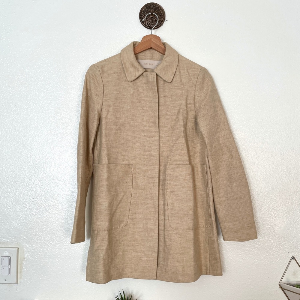 Zara Basic Tan Linen Blend Hidden Button Front Coat Jacket XS Beige Pockets